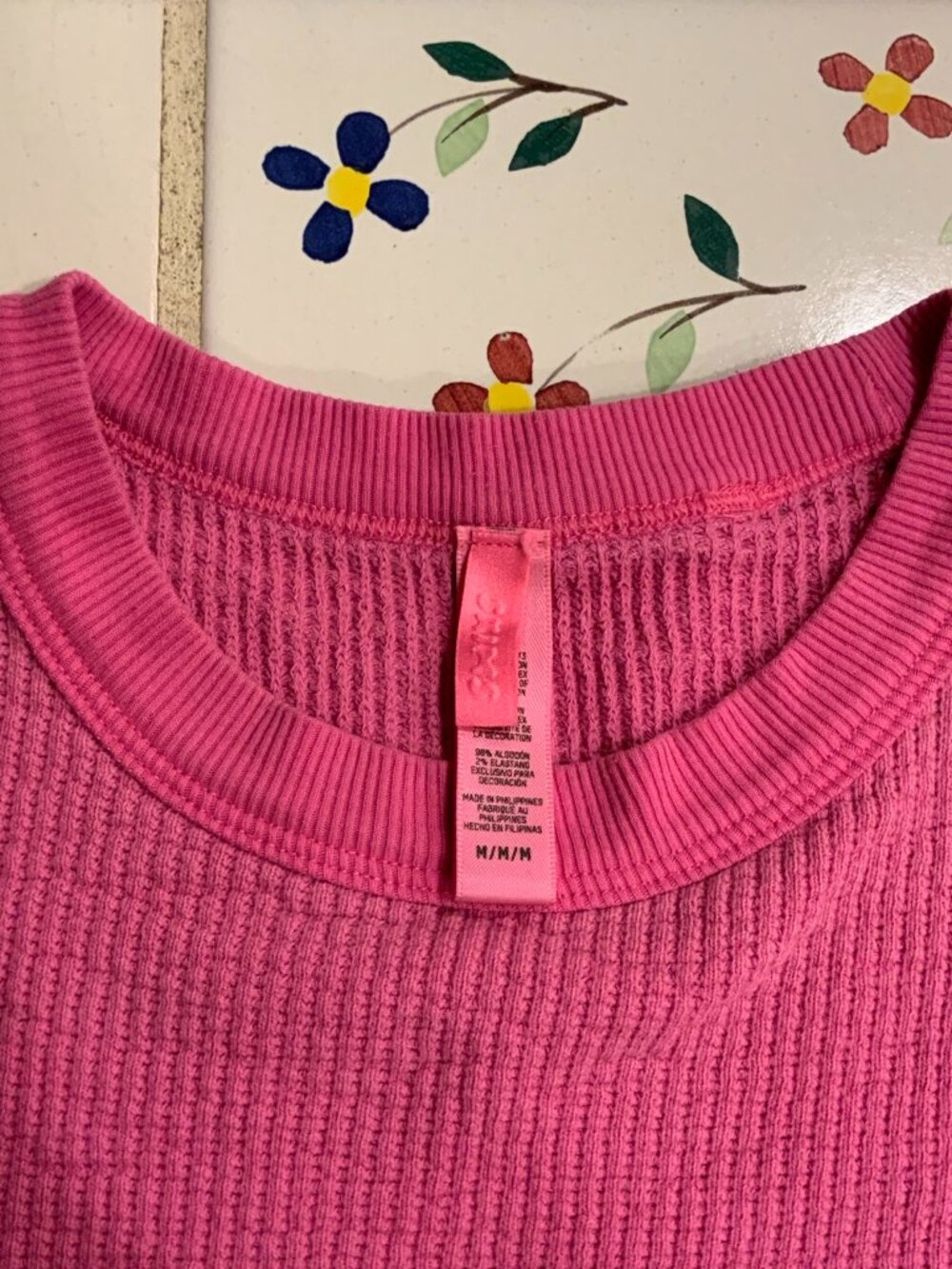 SKIMS Pink Waffle Knit Thermal Top Size Medium Soft Ribbed Lounge Shirt